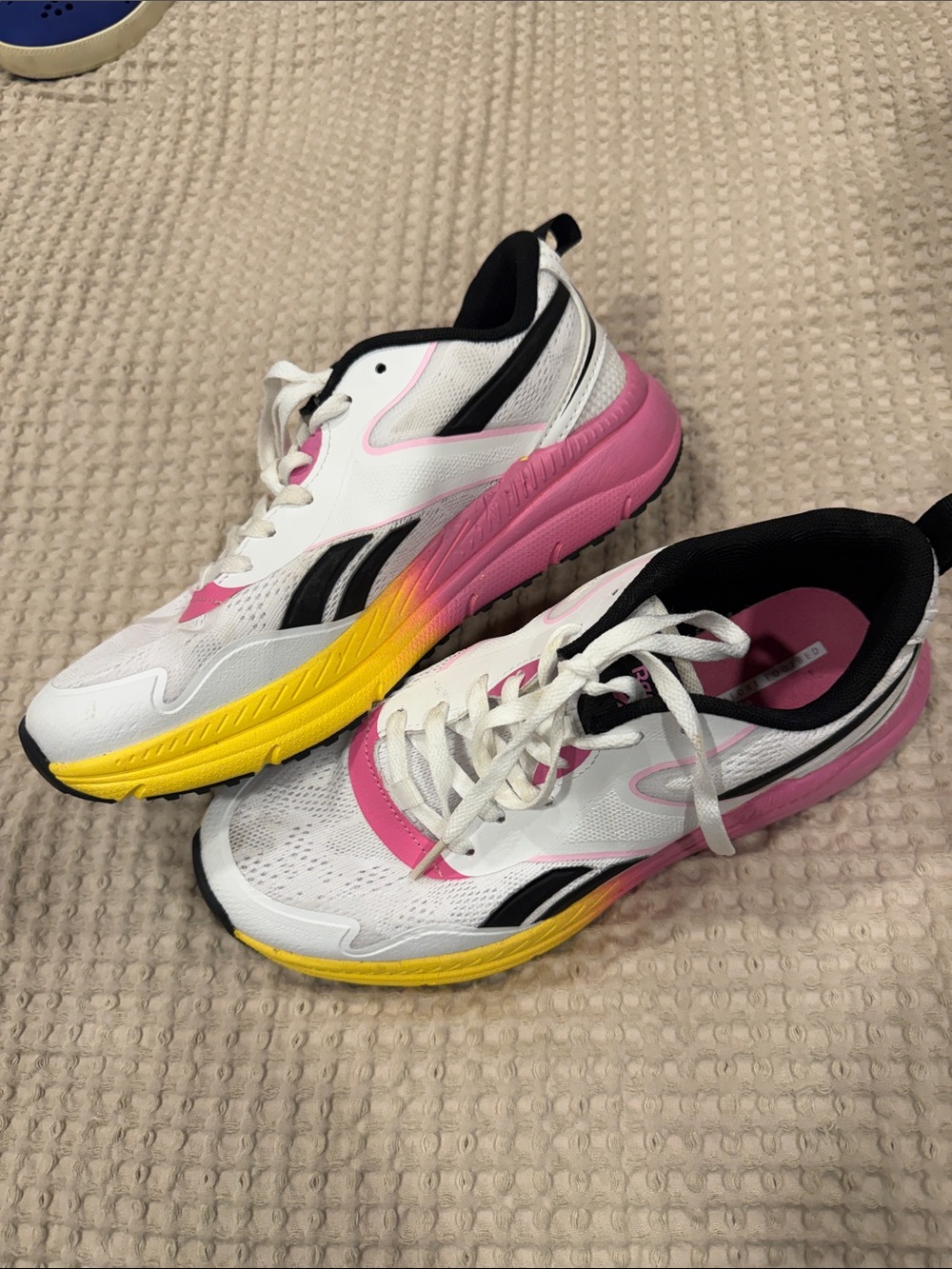 Reebok Women's White Sneakers with Pink and Yellow Gradient Midsole